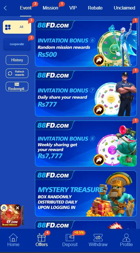 88FD Game regular events banner showing bonus rewards and promotions 2026