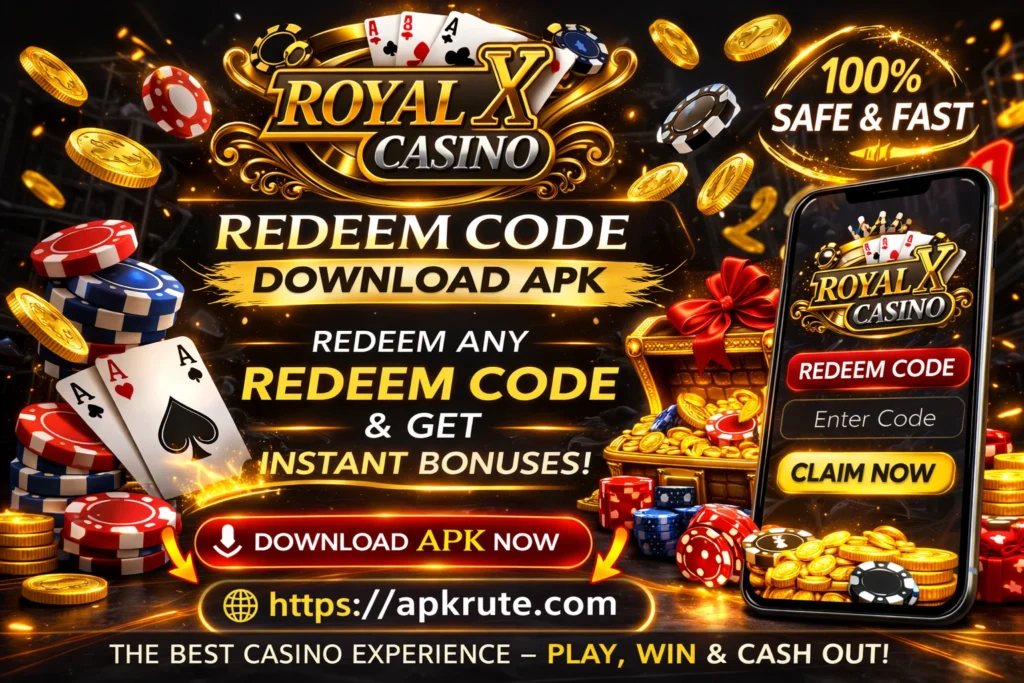 royal x casino game redeem code & free bonus official code and image.