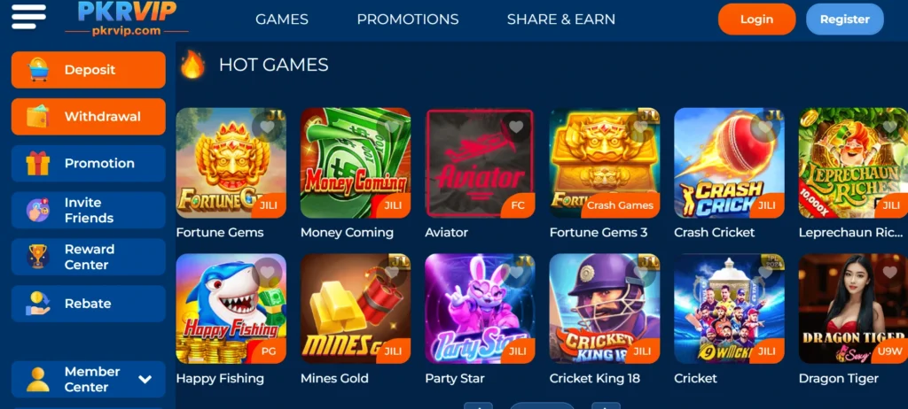 pkrvip game official screenshot with popular games